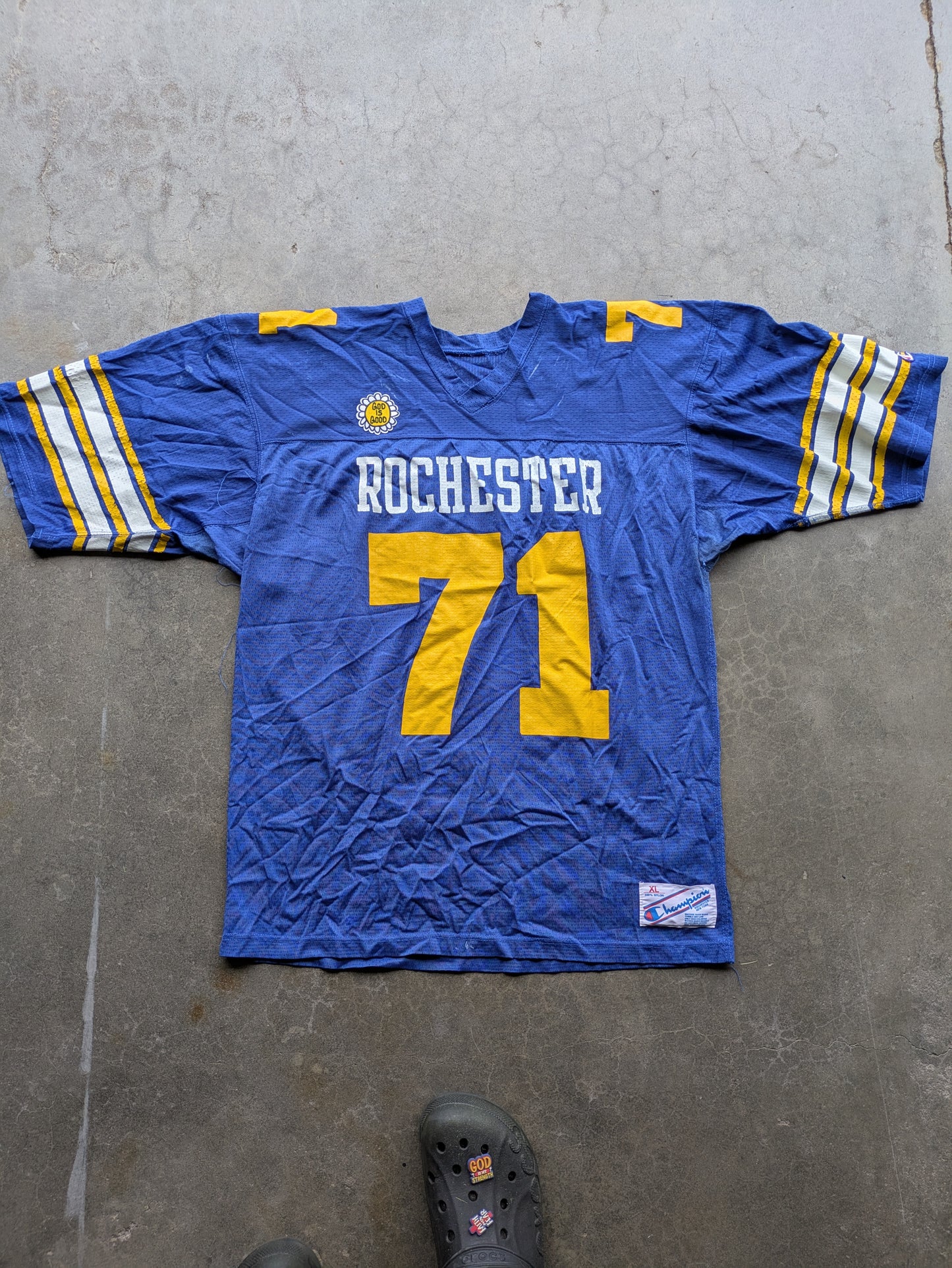 Custom Upcycled VTG Rochester NY Jersey w/ "God is Good" Patch