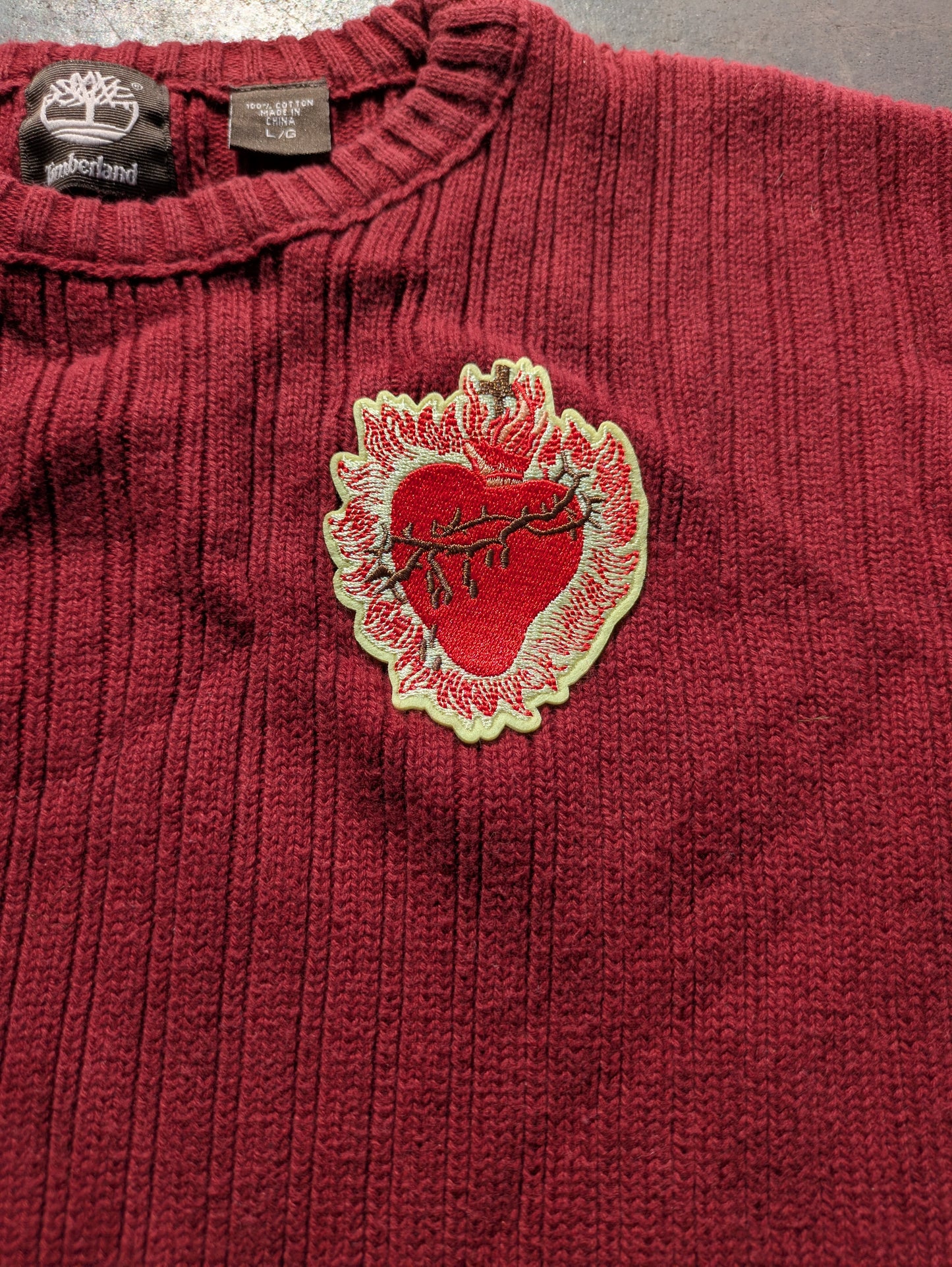 Custom Upcycled Scared Heart Maroon Red Timberland Sweater Sz Large