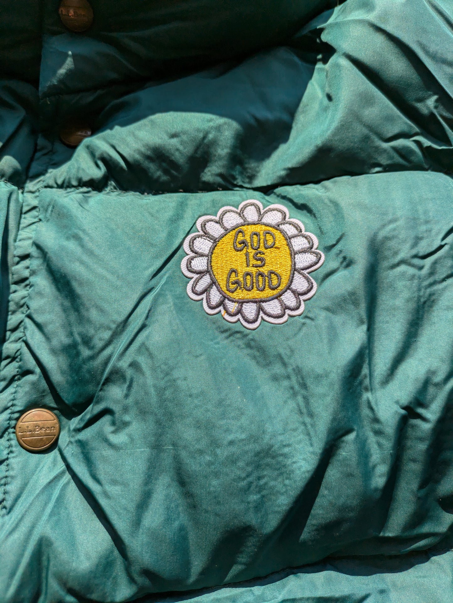 Custom Upcycled VTG "God is Good" LL Bean Goose down Puffer Sz L
