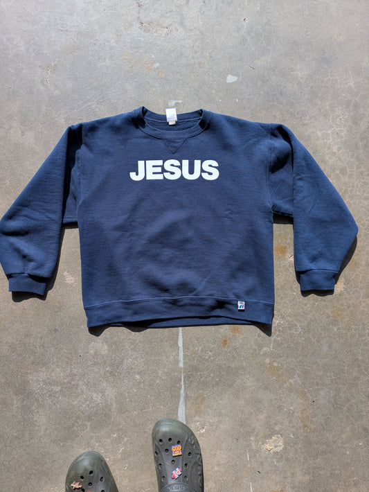 Custom Upcycled  "Jesus" Y2K Russel Sweater Navy Blue