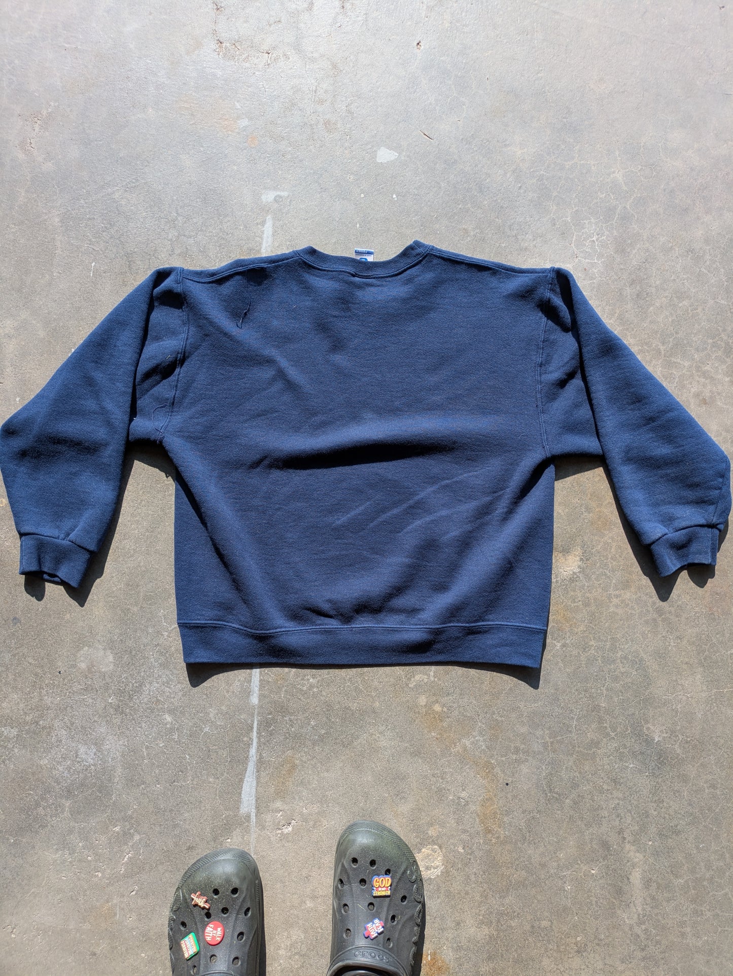 Custom Upcycled  "Jesus" Y2K Russel Sweater Navy Blue