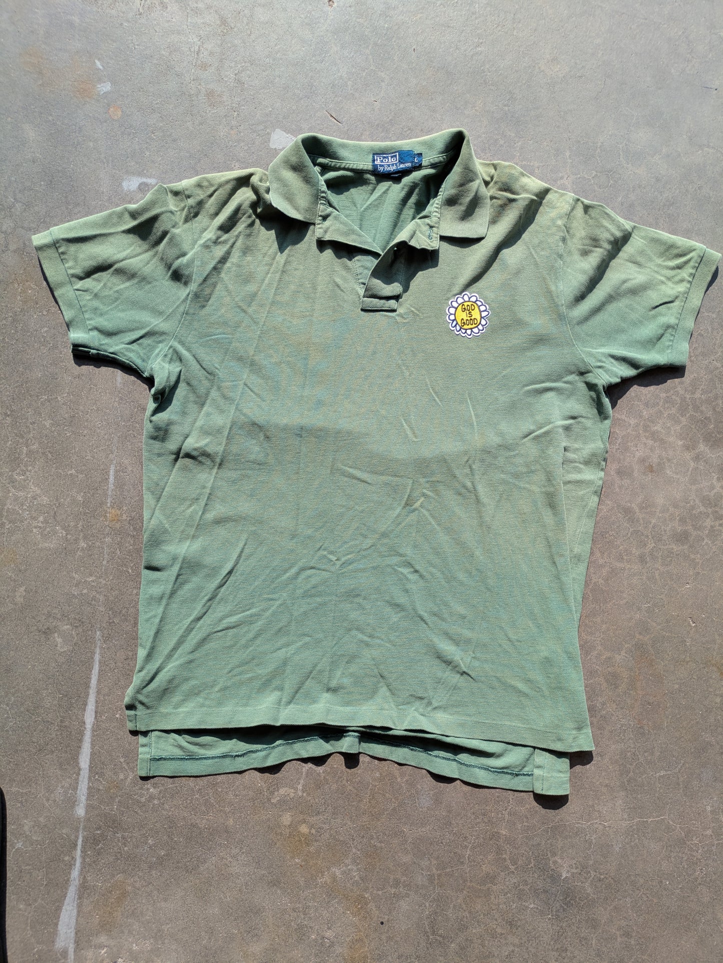 Custom Upcycled "God is Good" Patch on VTG 90s Polo Shirt Sz L