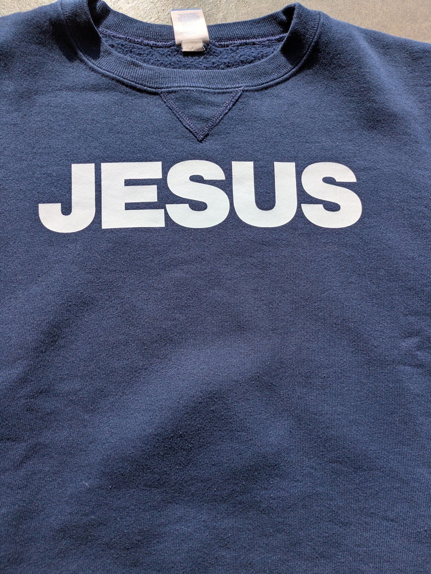 Custom Upcycled  "Jesus" Y2K Russel Sweater Navy Blue
