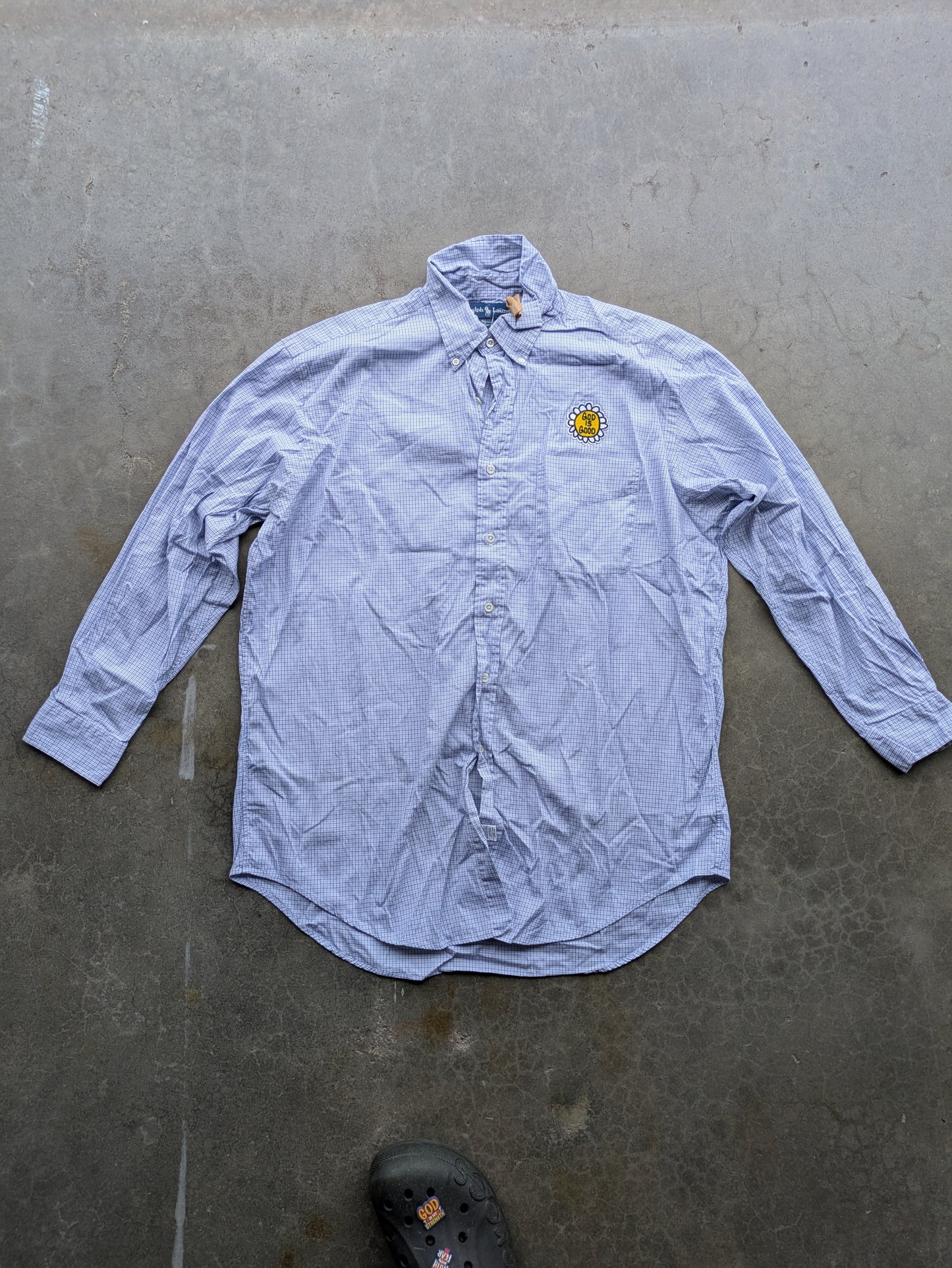 Custom Upcycled VTG 90s Ralph Lauren Yarmouth Shirt w/God is Good patch Sz L
