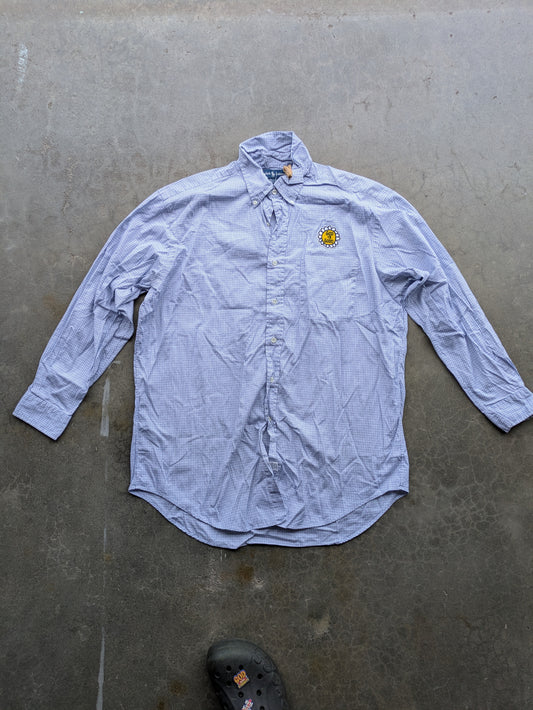 Custom Upcycled VTG 90s Ralph Lauren Yarmouth Shirt w/God is Good patch Sz L