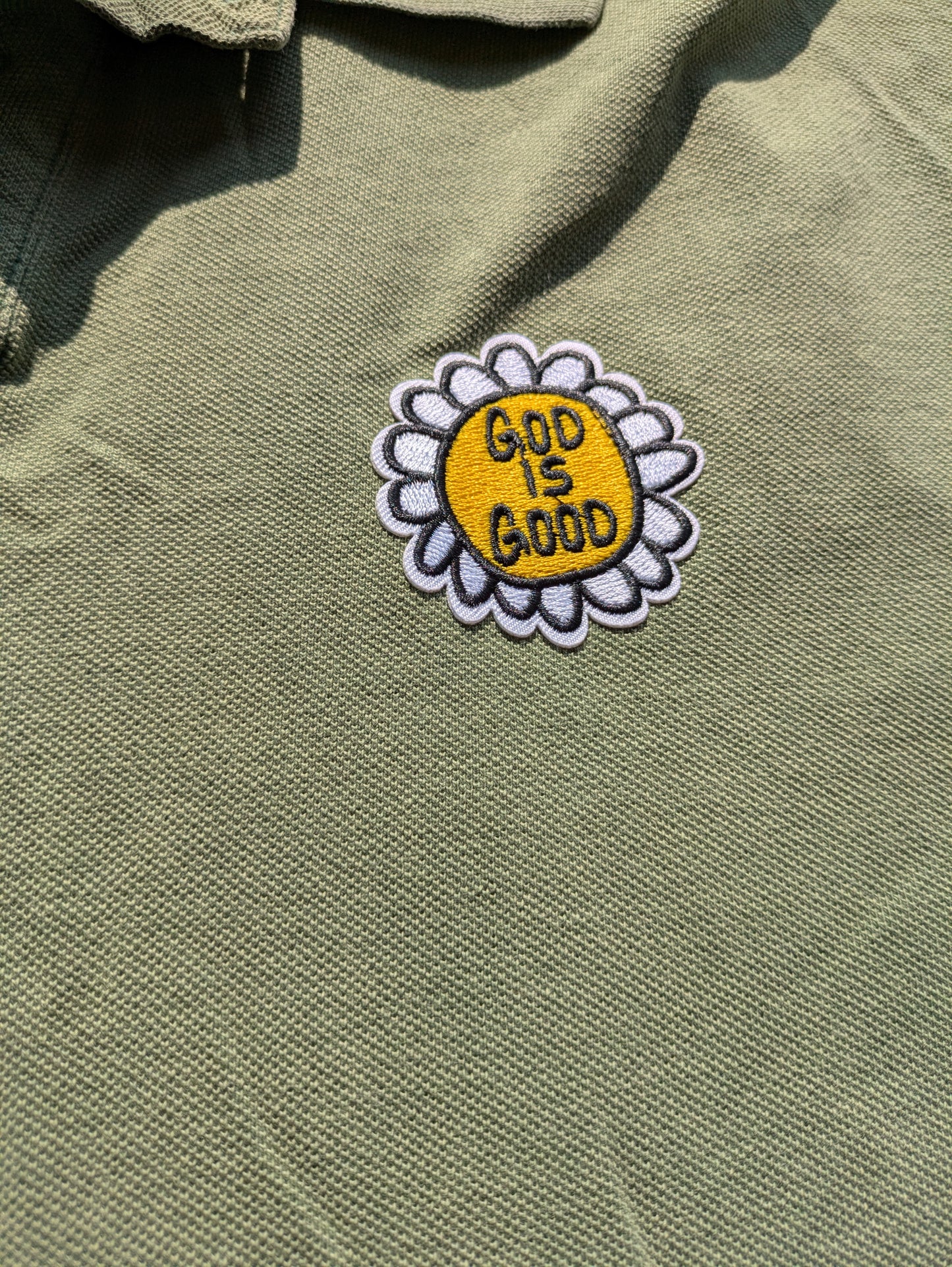 Custom Upcycled "God is Good" Patch on VTG 90s Polo Shirt Sz L