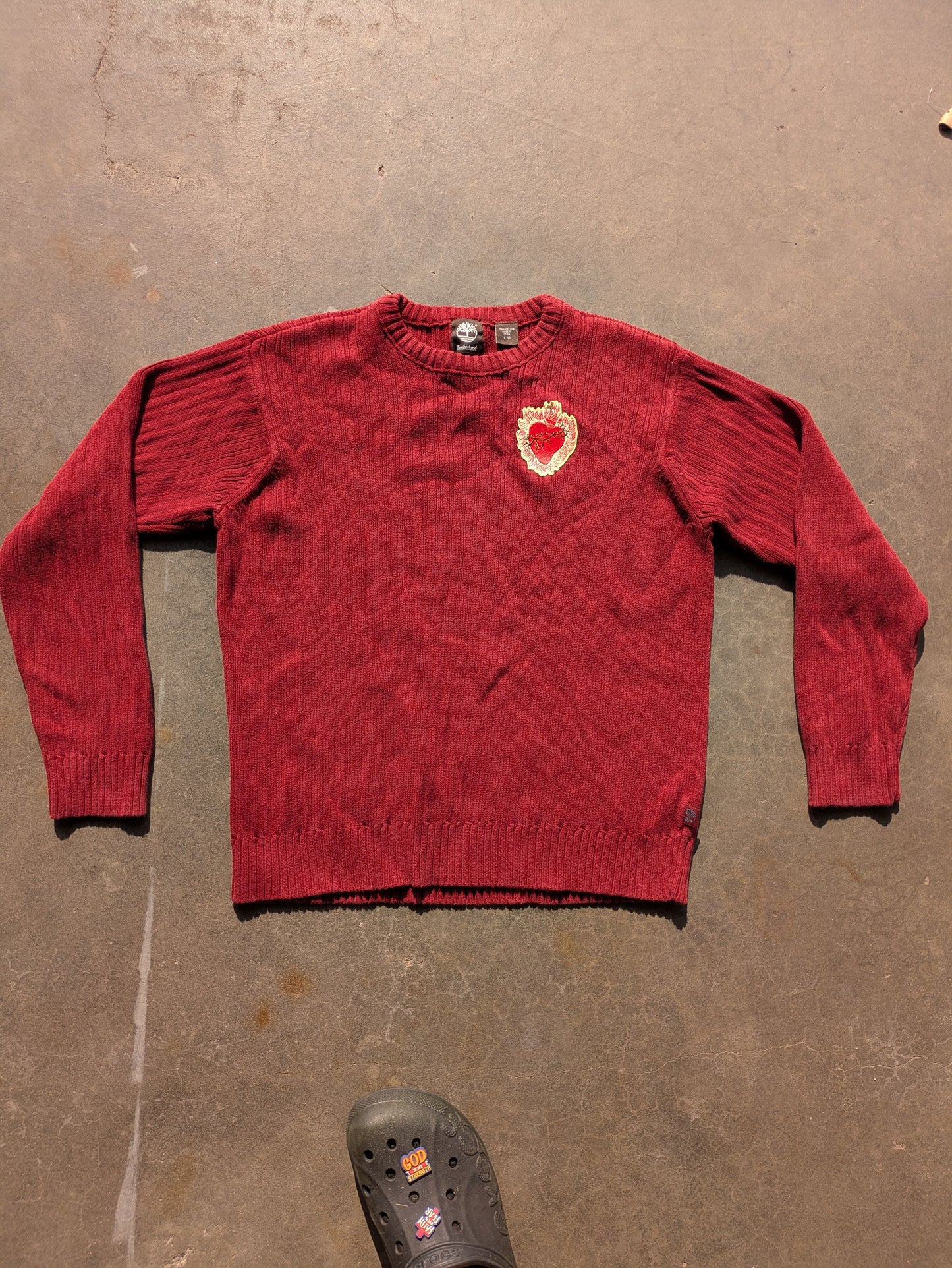 Custom Upcycled Scared Heart Maroon Red Timberland Sweater Sz Large