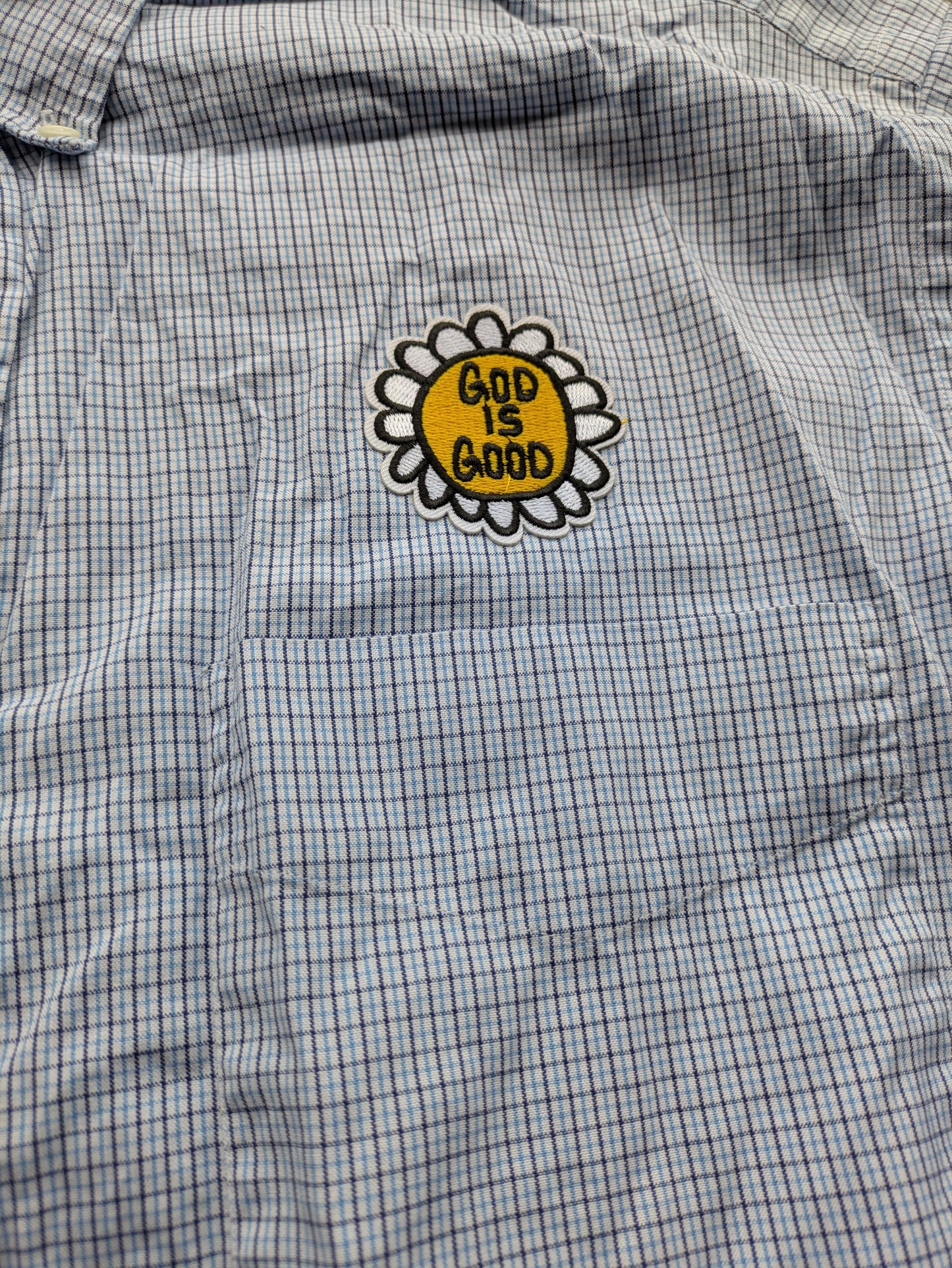Custom Upcycled VTG 90s Ralph Lauren Yarmouth Shirt w/God is Good patch Sz L