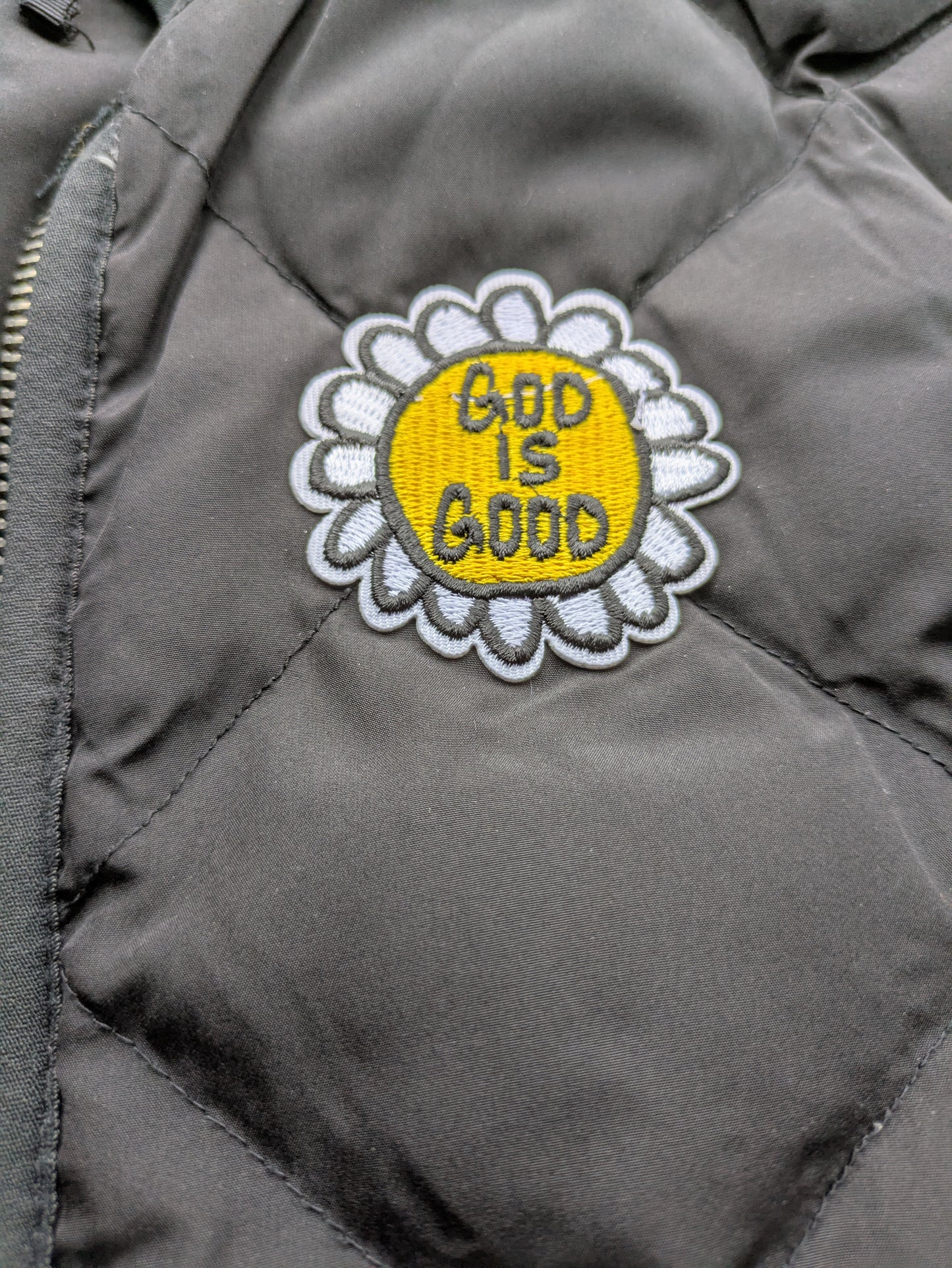 Custom Upcycled Black Wmns Woolrich Vest w/ "God is Good" Patch