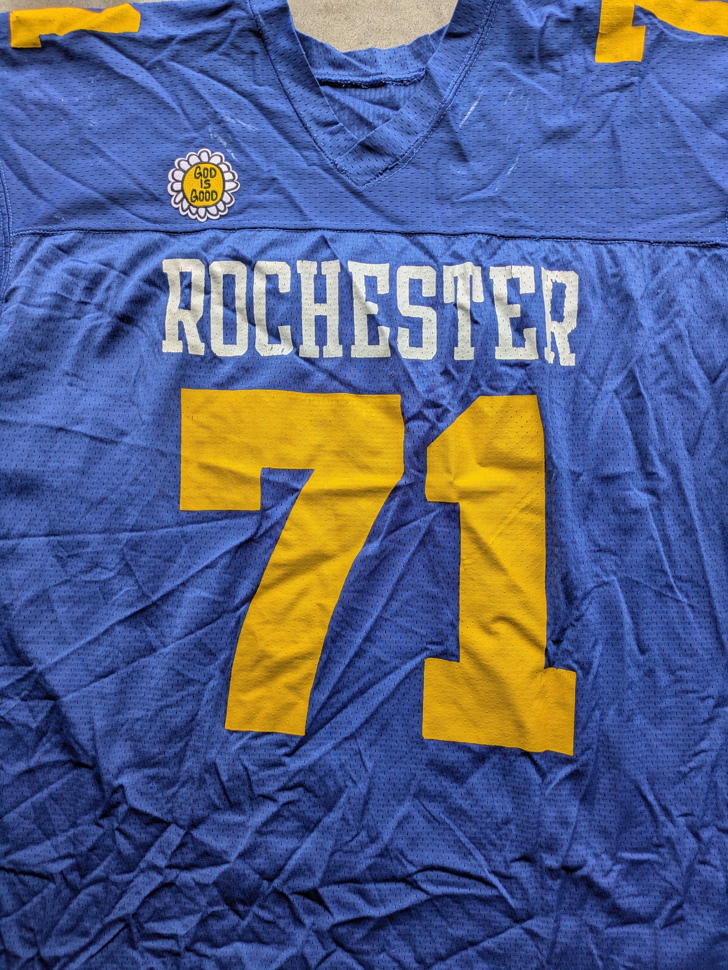 Custom Upcycled VTG Rochester NY Jersey w/ "God is Good" Patch