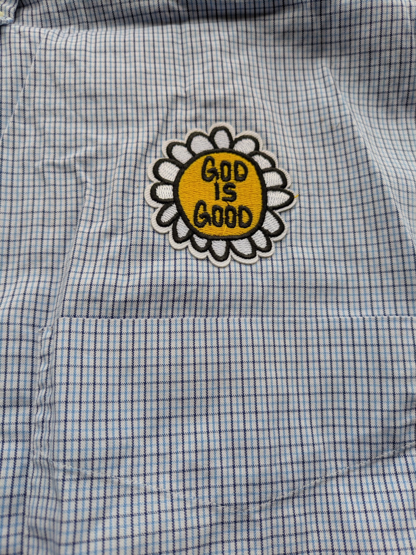 Custom Upcycled VTG 90s Ralph Lauren Yarmouth Shirt w/God is Good patch Sz L