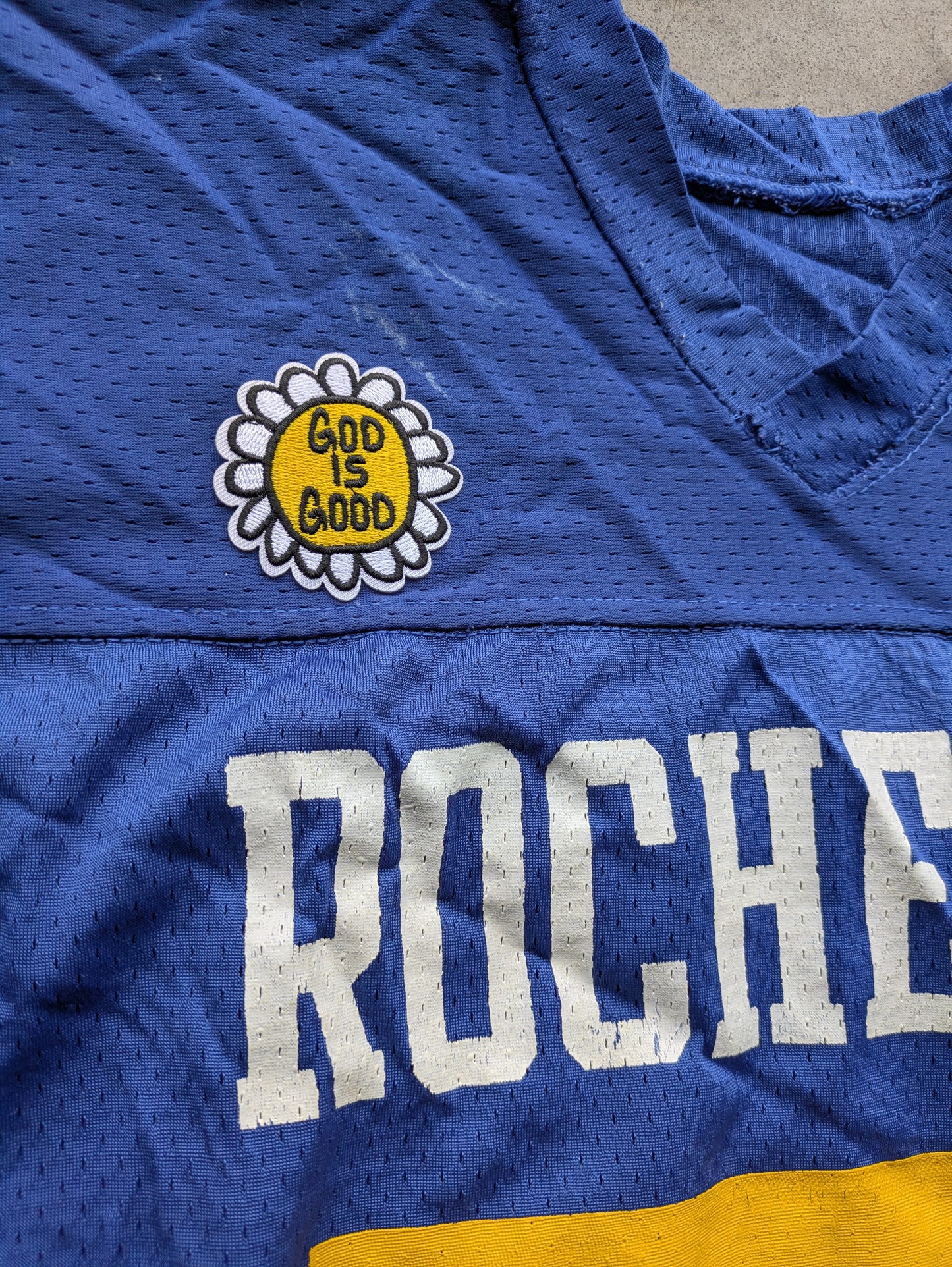 Custom Upcycled VTG Rochester NY Jersey w/ "God is Good" Patch