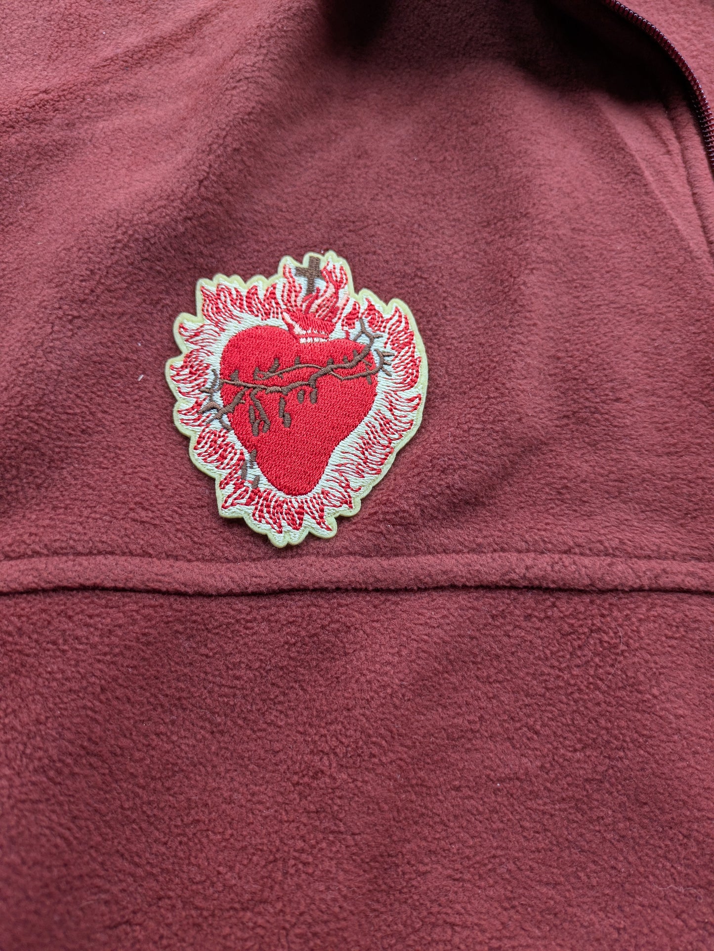 Custom Upcycled Maroon Colombia Fleece w/ Crucified Heart Patch SZ XL
